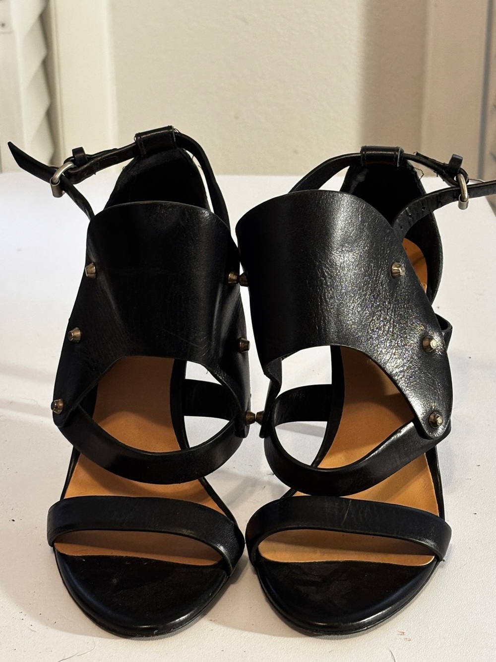 L.A.M.B. Black Studded Open-Toe Leather Heels